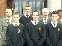 Four pupils that are part of the County Down Minor Football Panel and are presently
attending the Abbey Christian Brothers' Grammar School are wished 'all the best' in
their quest for All Ireland honours against Mayo at Croke Park on Sunday at the
school's Achievement Prizegiving Ceremony by Mr. Barry Turley, Guest Speaker and
Mr. Dermot McGovem, Headmaster. Included are Colm Murney, Cathal Magee,
Kevin McKernan and Seamus Grant.